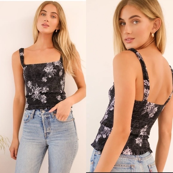 New Intimately Free People Hannah Black Floral Print Smocked Fitted Cami Top - Picture 1 of 7